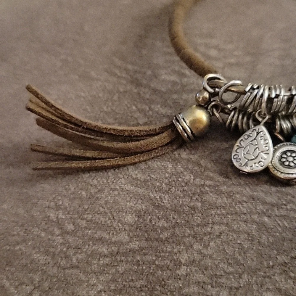 Brown Leather Wrapped Charm Bangle Western Cowgirl Bracelet